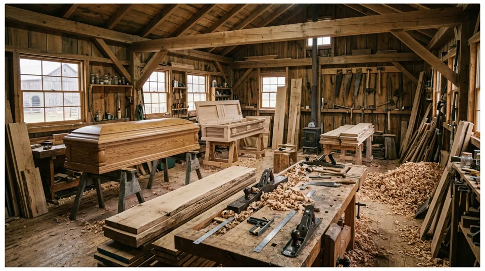 Illustration of wooden caskets in a craftsman’s workshop