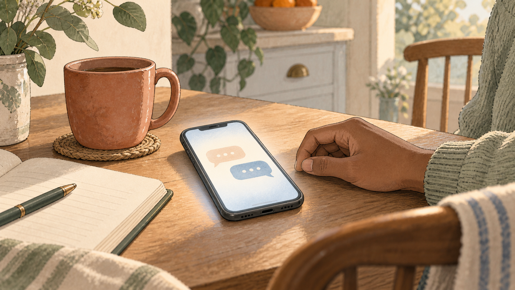 A phone with conversation bubbles on a kitchen table beside a notebook.